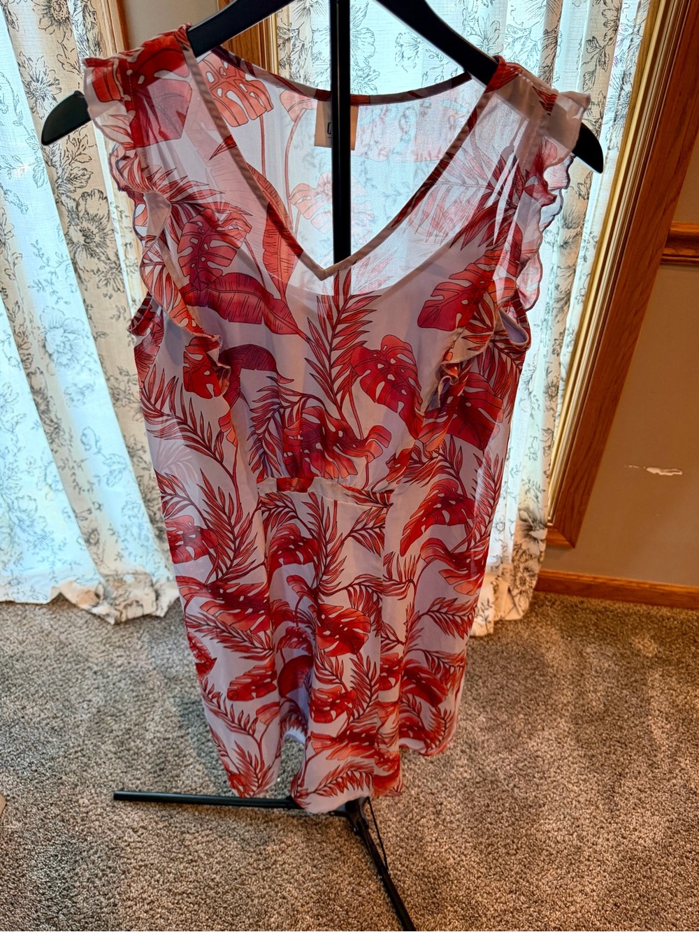 CAbi Red Tropical Leaf Flutter-Sleeve Dress with liner